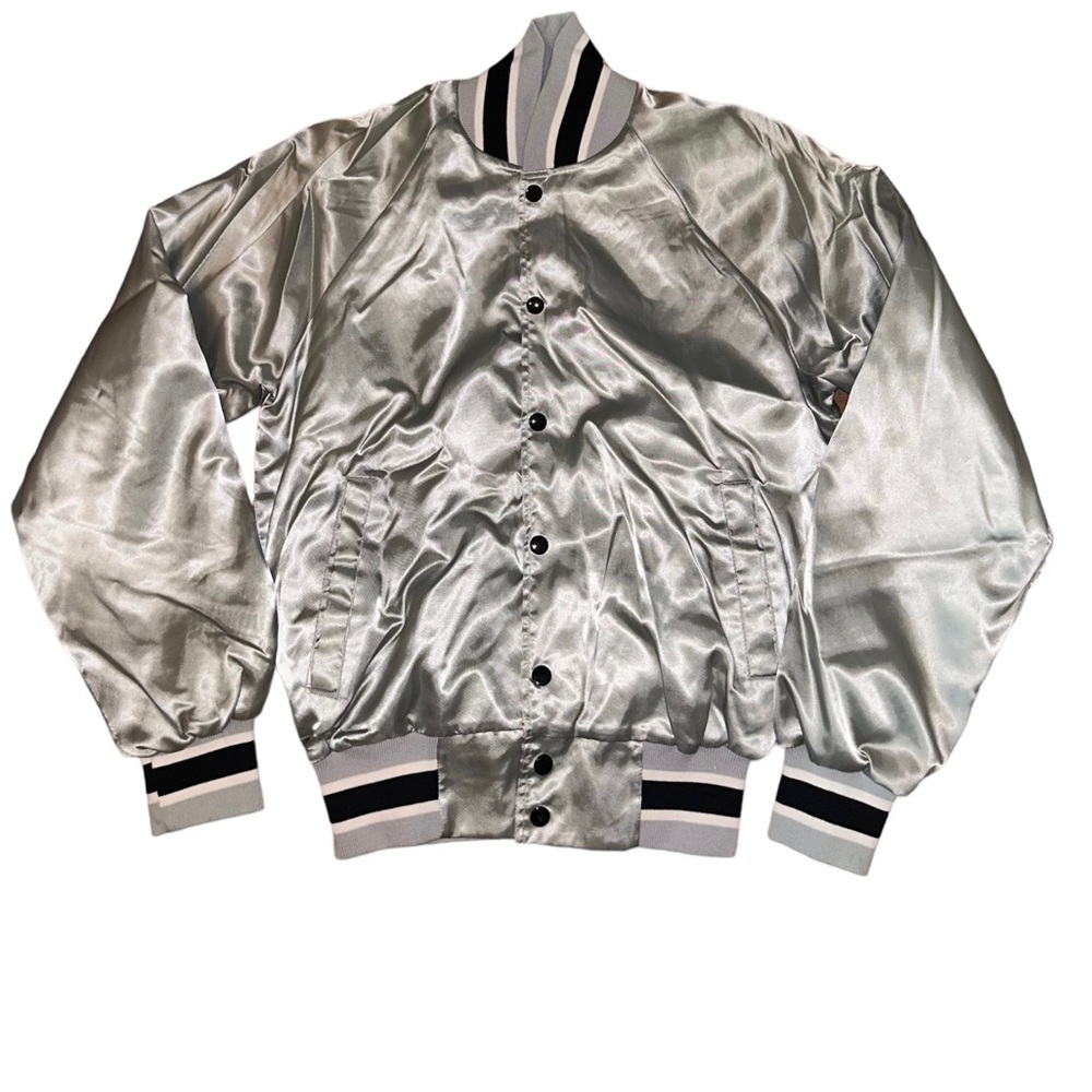 Vintage Win Wear Silver Grey Black Nylon Bomber Jacket Size Mens Small
